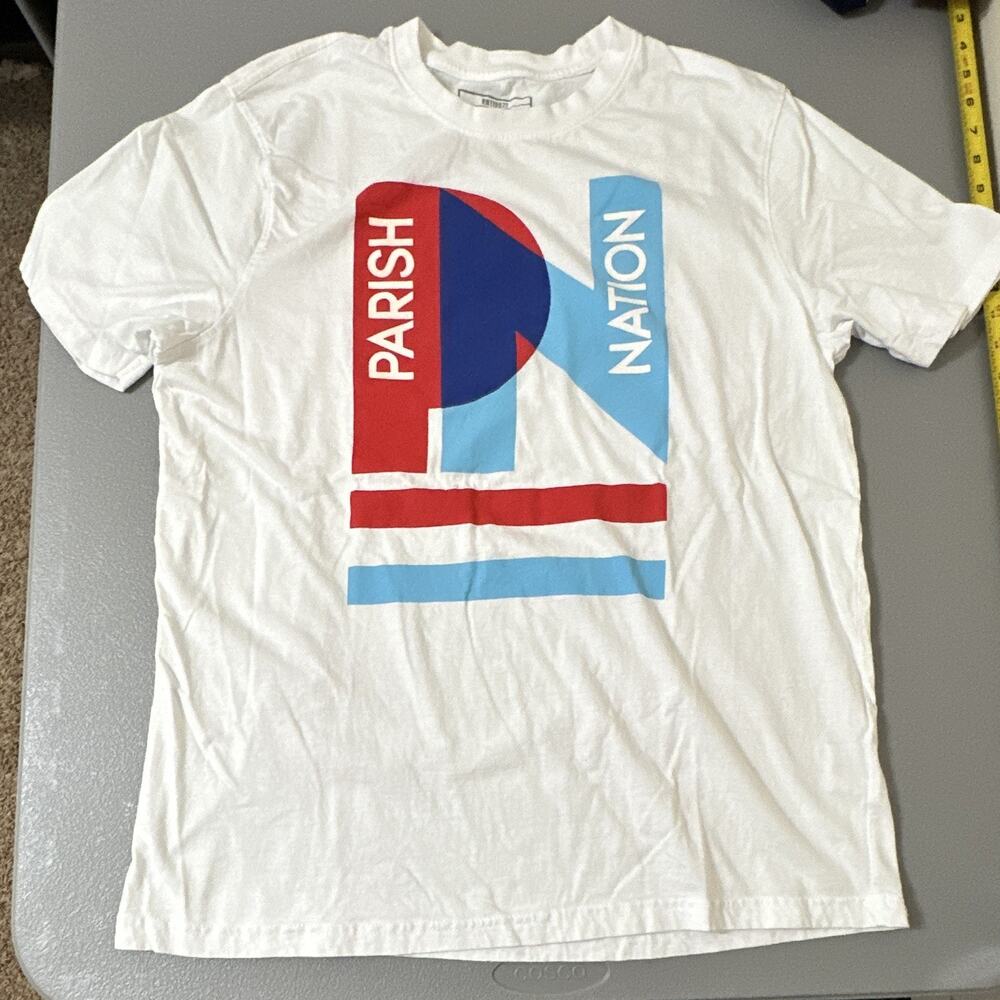 Parish Nation Mens XL White Graphic Logo Crew Neck Short Sleeve Cotton Knit Tee